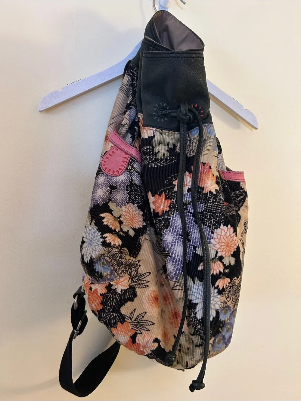 Lucky Brand Floral Leather Drawstring Backpack Sling Bag Shoulder Bag Crossbody